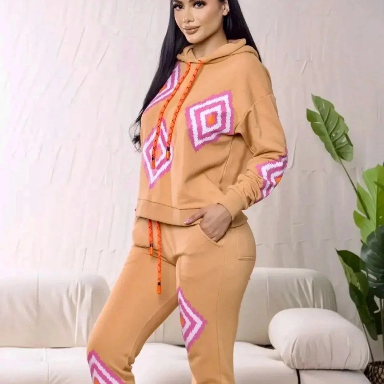 Isabel Geometric Print Knit Hoodie and Jogger Set