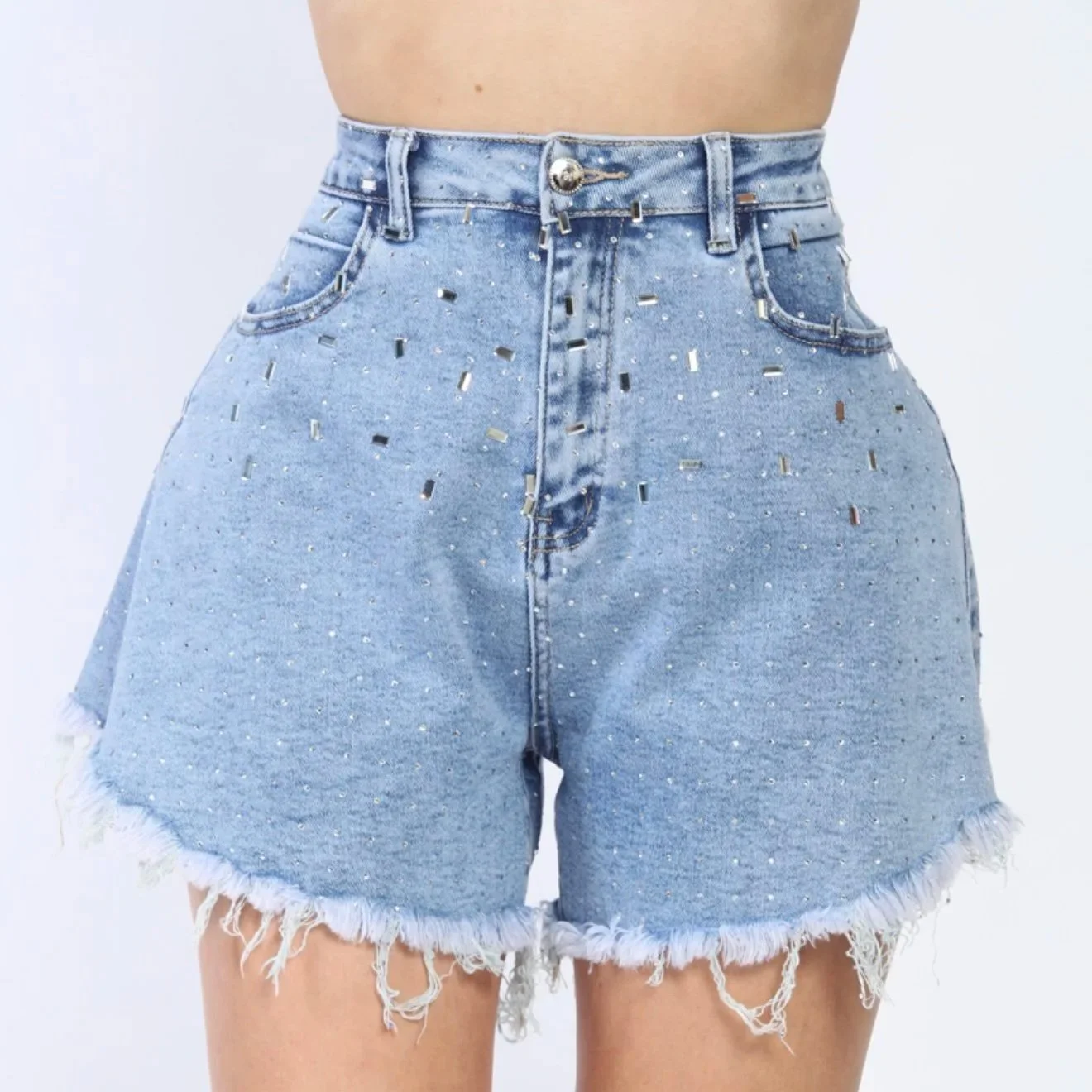 Nina Rossi Jeans - High-Shine Crystal Denim Shorts