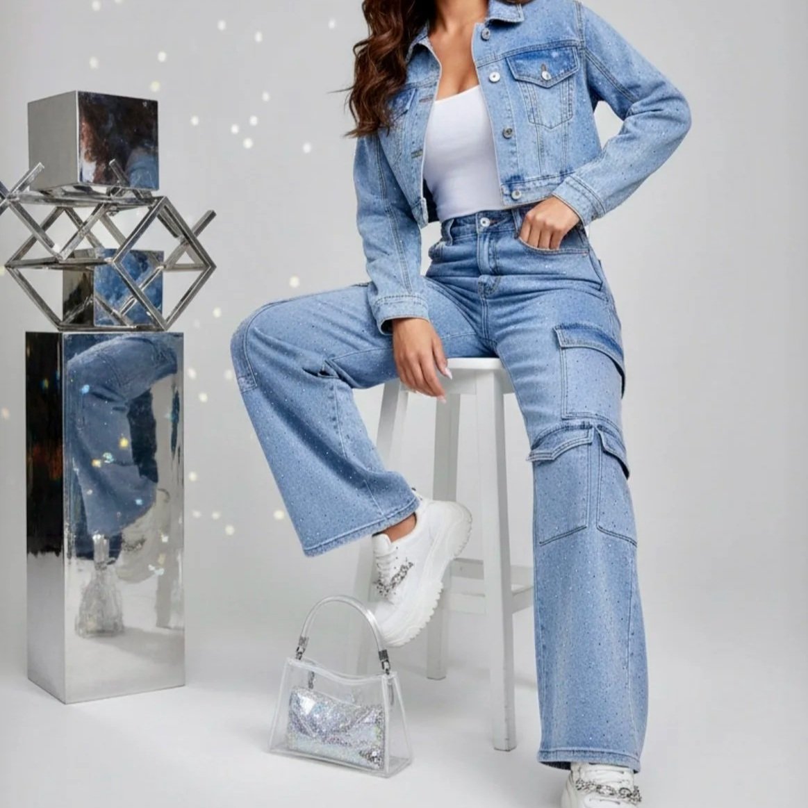 Nina Rossi Jeans - Full Stone Embellished Cargo Denim Pants
