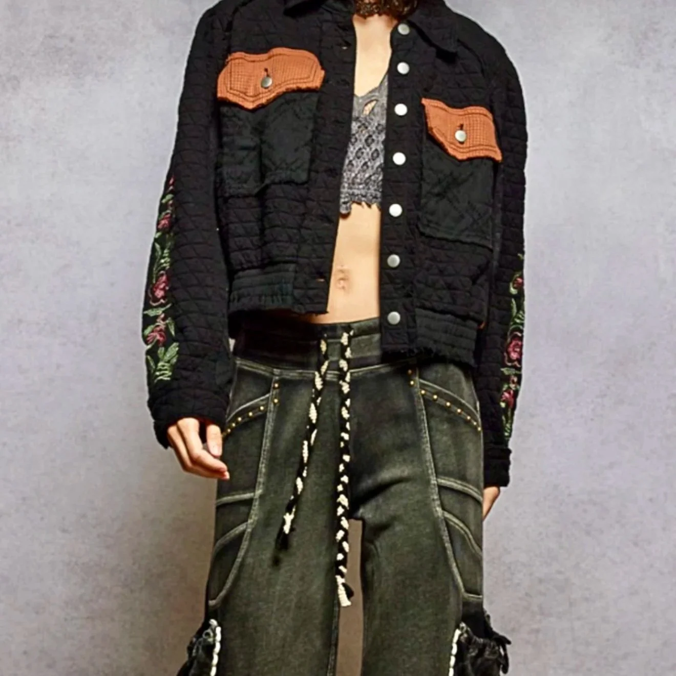 POL - Vintage Washed Embroidered Sleeve Quilted Jacket