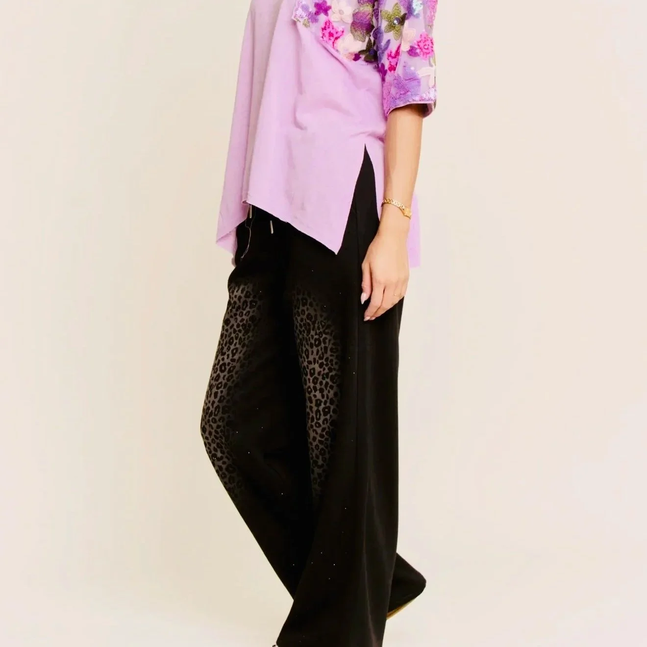 DAVI & DANI - Leopard Studded Ombre Knit Wide-Leg Pants