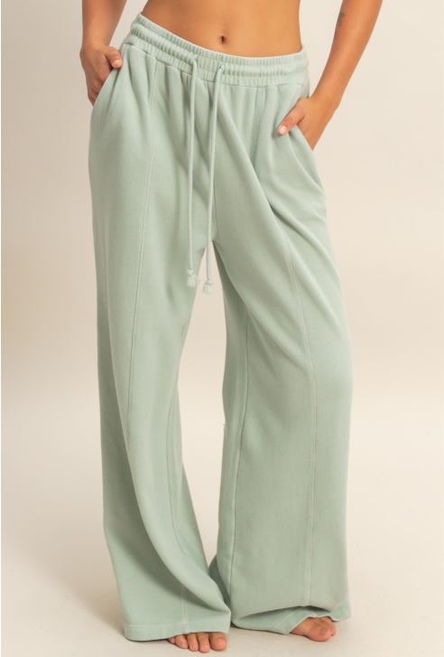 Acid Wash French Terry Wide-Leg Pants - SAGE GREEN