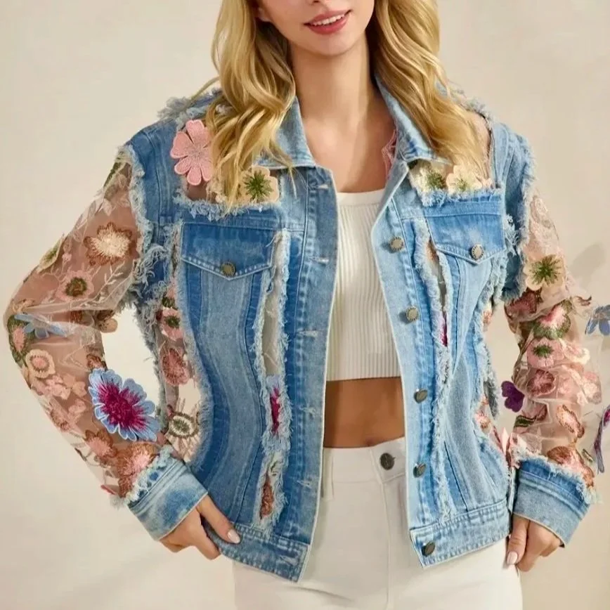 Veveret - Denim Jacket with Floral Organza Inset