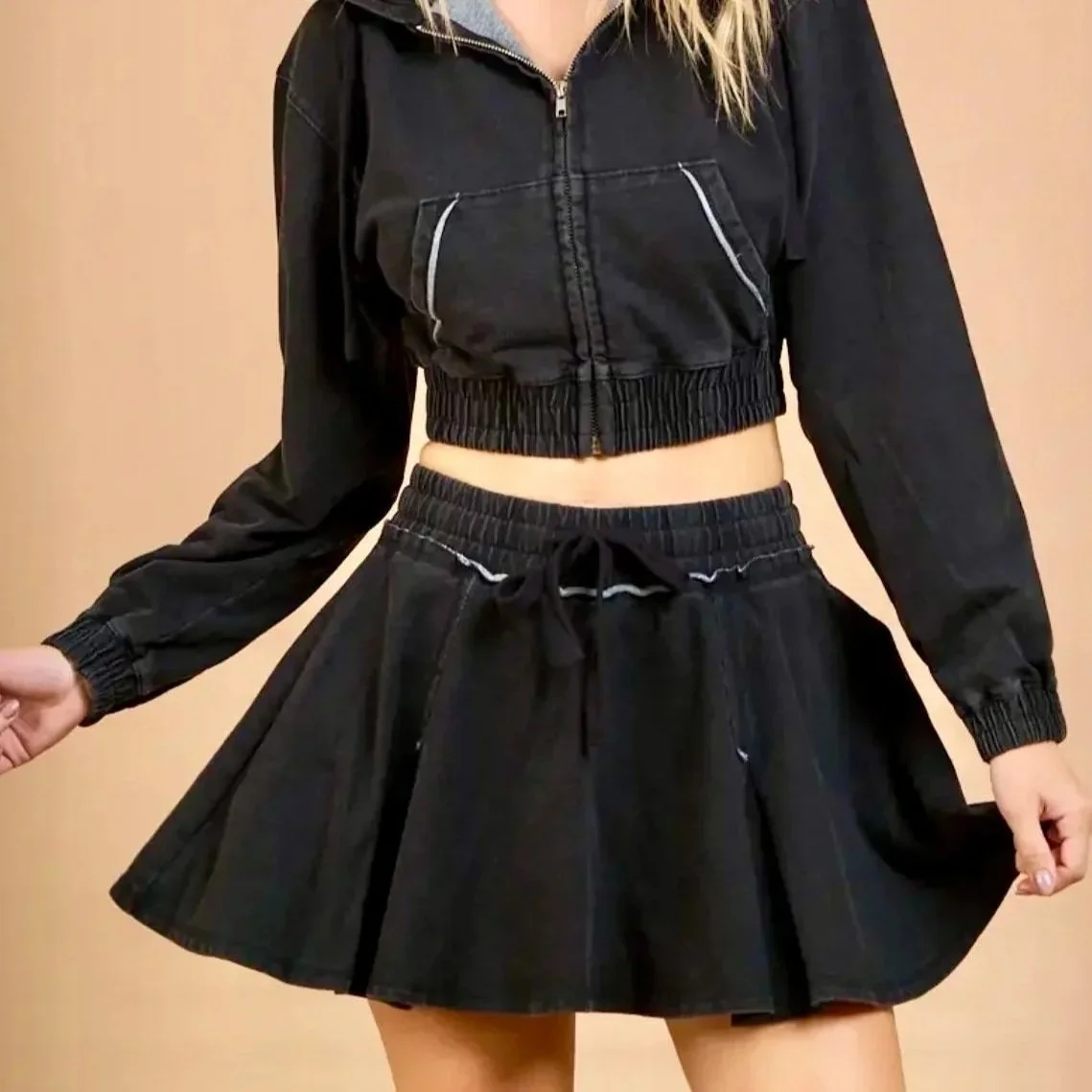 Anwnd - Washed Cropped Hoodie Zip-Up and Skirt Set