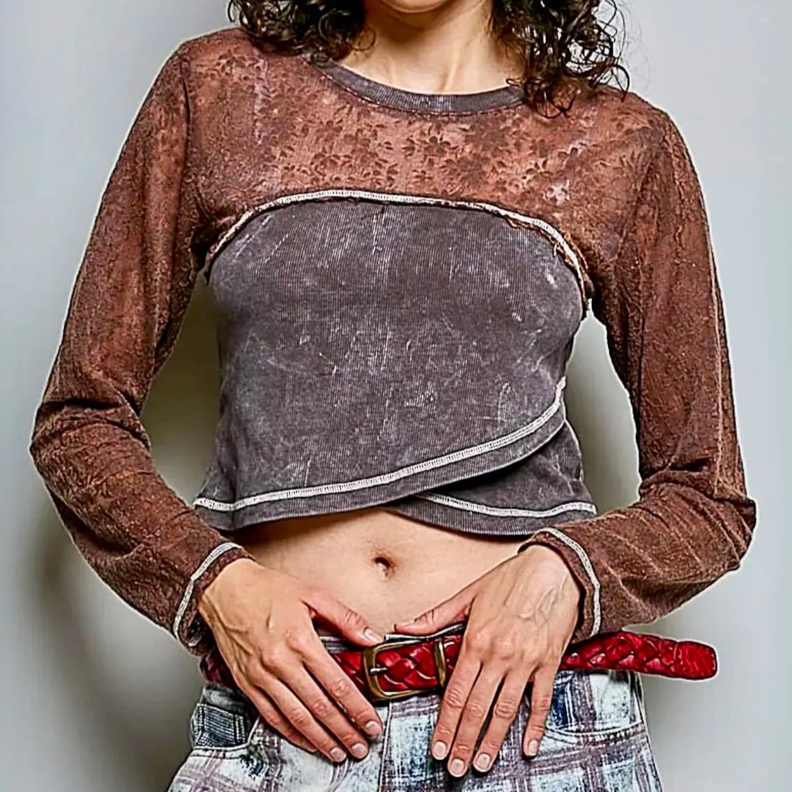 POL - Semi-Sheer Textured Lace Vintage-Wash Crop Rib Knit Top