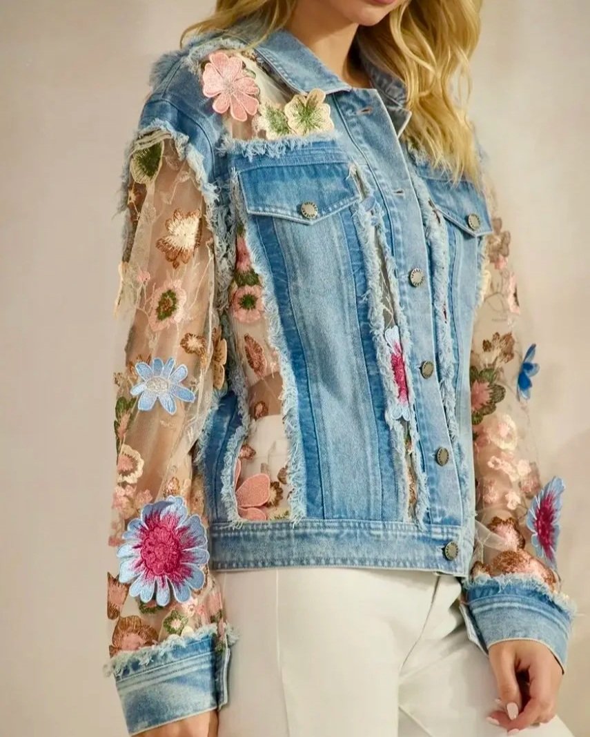 Veveret - Denim Jacket with Floral Organza Inset