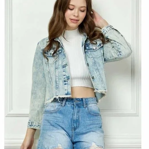 Veveret - Striped Rhinestone Distressed Denim Jacket