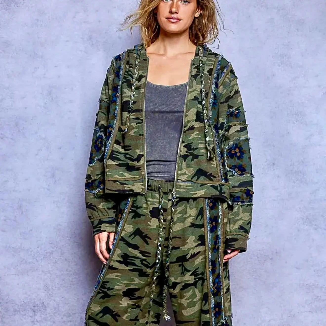 POL - Vintage Camouflage Floral Patchwork Zip Hoodie & Frayed Wide Leg Pants Set