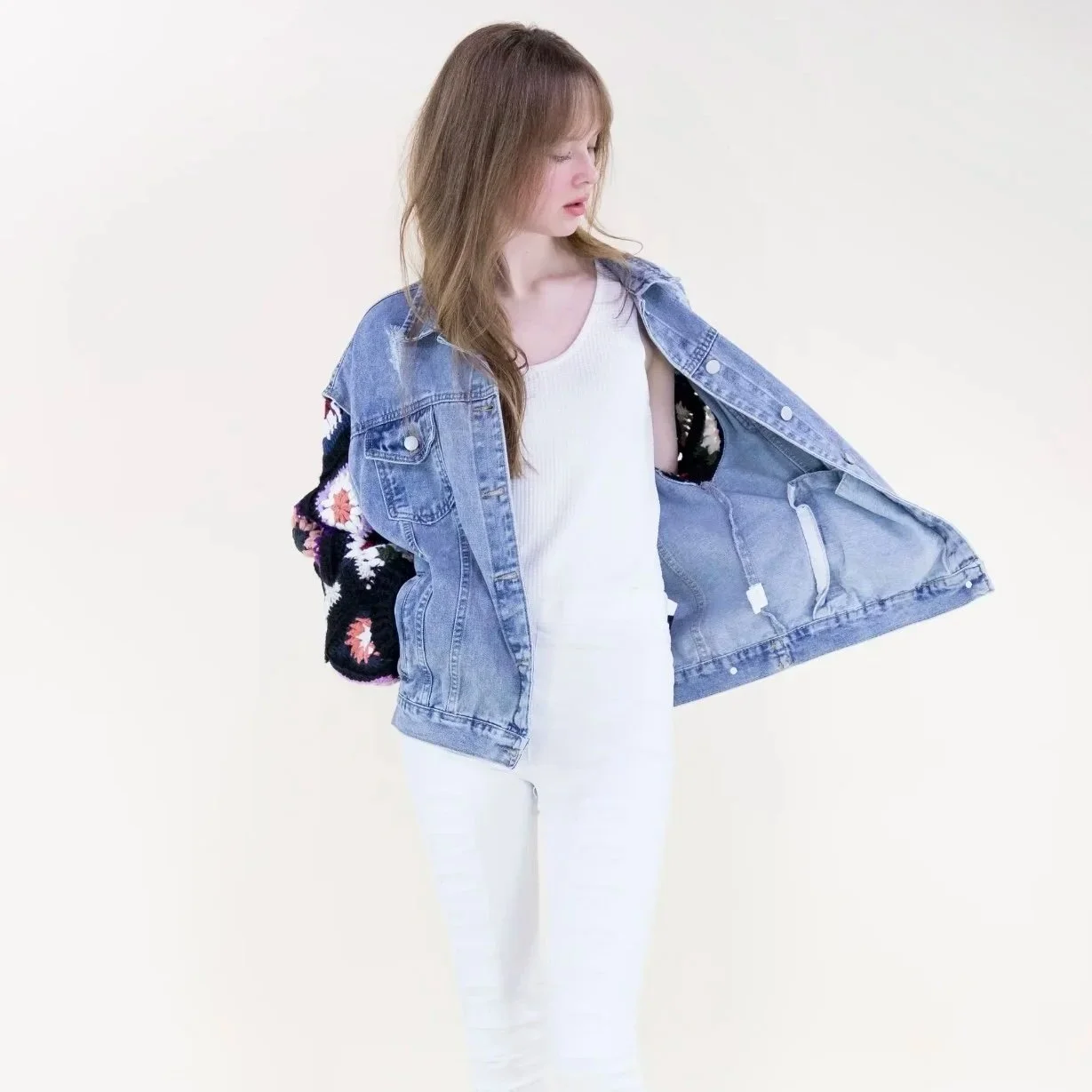 Original USA - Boho Handmade Crochet Sleeves Denim Jacket