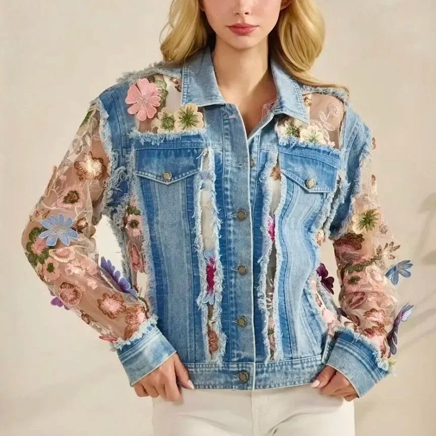 Veveret - Denim Jacket with Floral Organza Inset