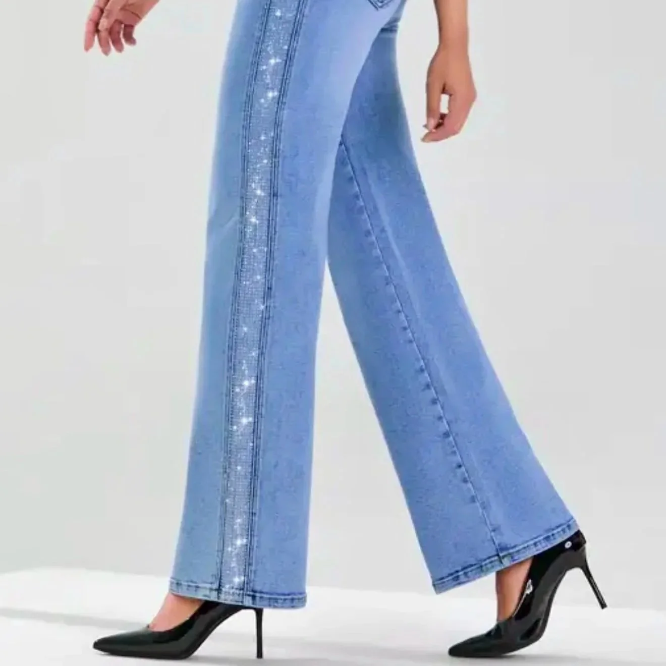 Nina Rossi Jeans - Stone Embellished Stripe Denim Jeans