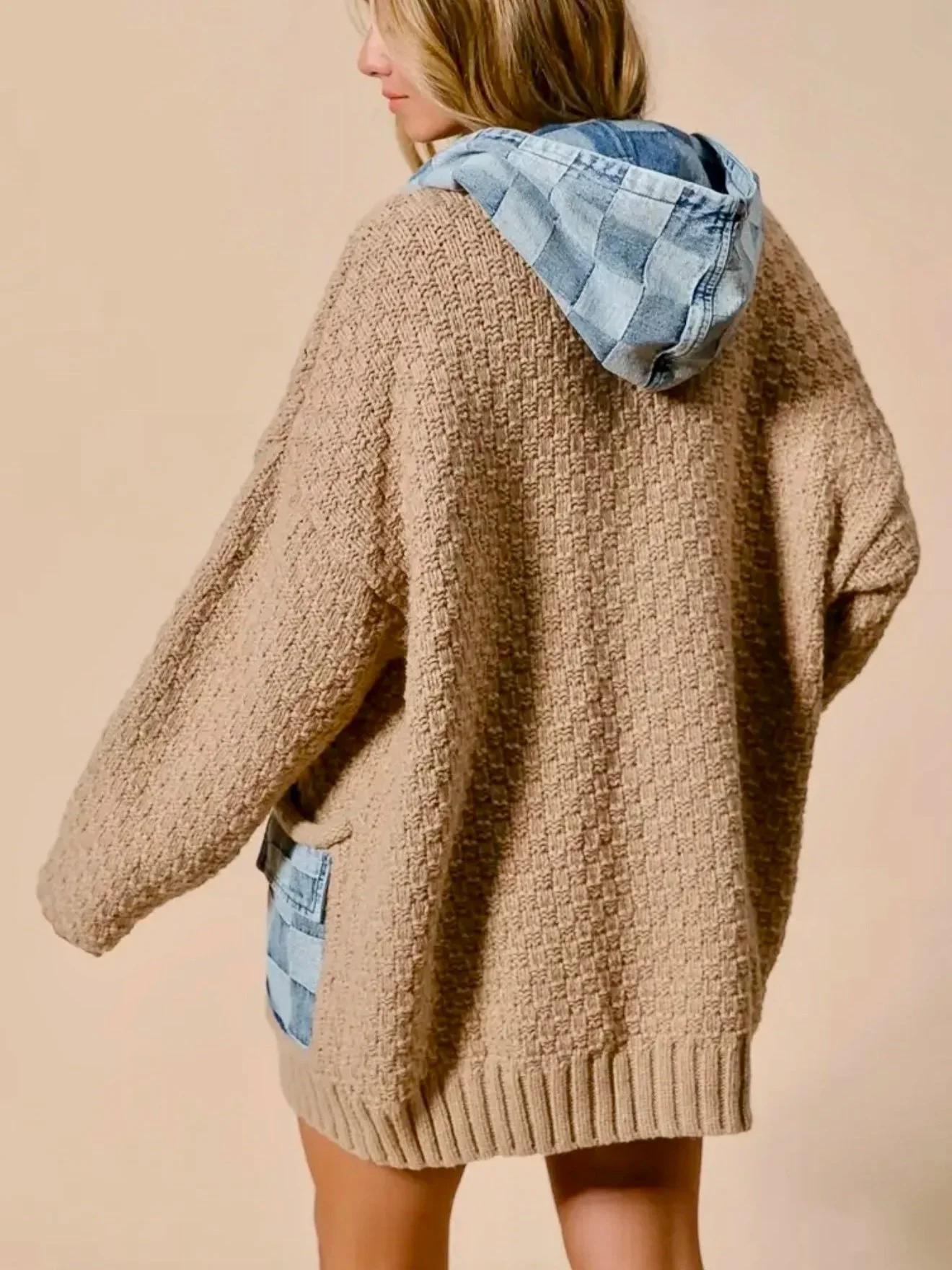 BiBi - Washed Checker Denim Zip Up Cardigan