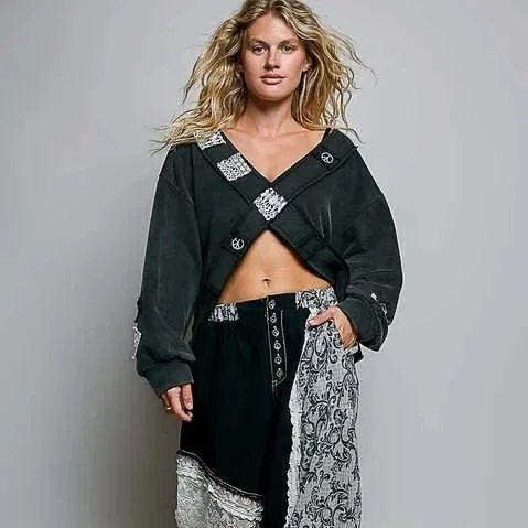 V-Neck Crochet Patch Cross Wrap Cropped Terry Top -  POL