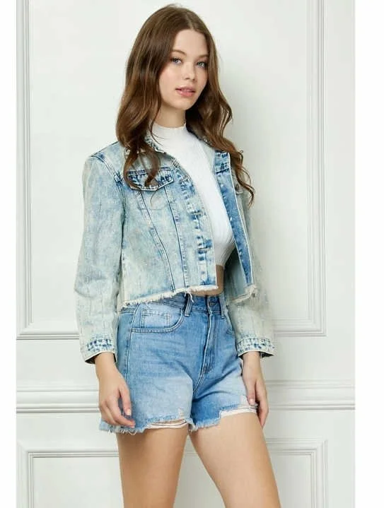 Striped Rhinestone Distressed Denim Jacket