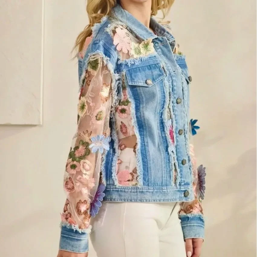 Veveret - Denim Jacket with Floral Organza Inset