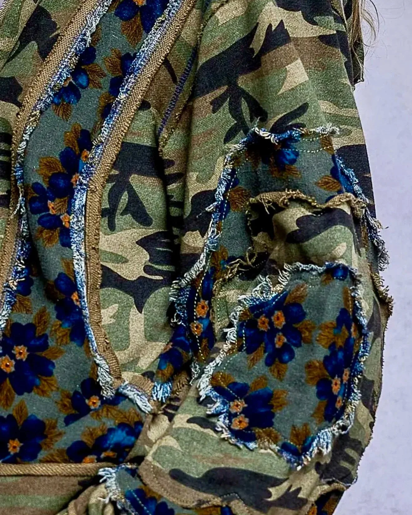 POL - Vintage Camouflage Floral Patchwork Zip Hoodie & Frayed Wide Leg Pants Set