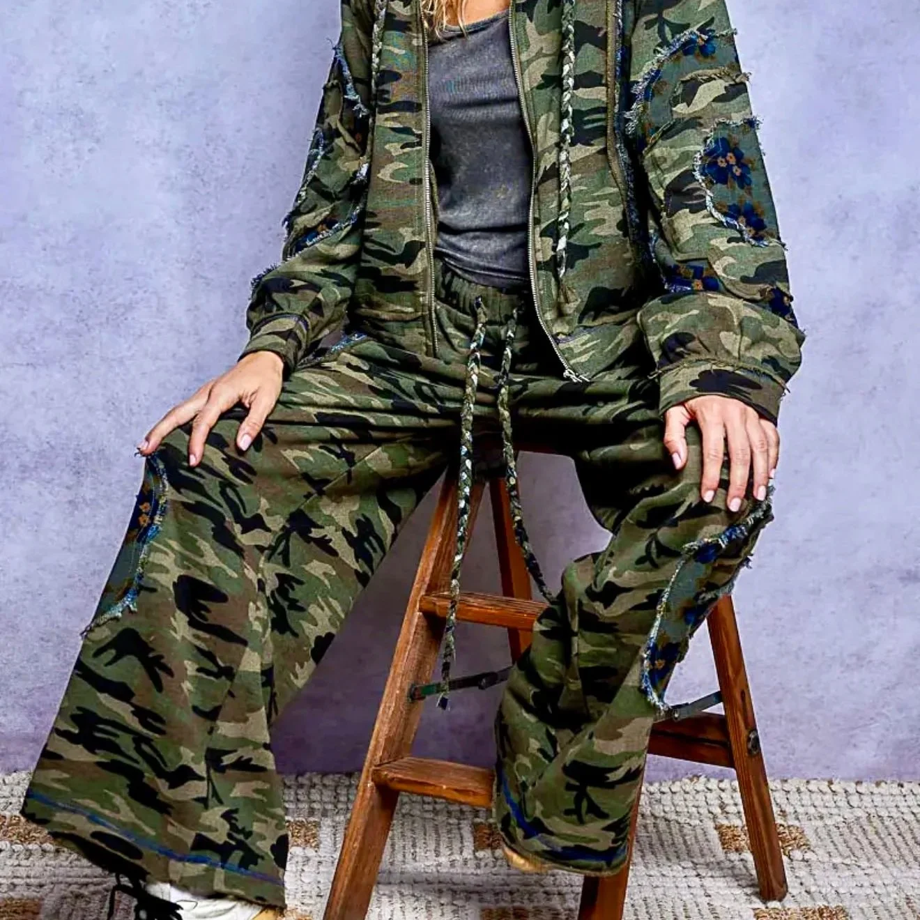 POL - Vintage Camouflage Floral Patchwork Zip Hoodie & Frayed Wide Leg Pants Set