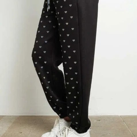 Kiwi - Rhinestone Hearts Elastic Waist Sweatpants Joggers