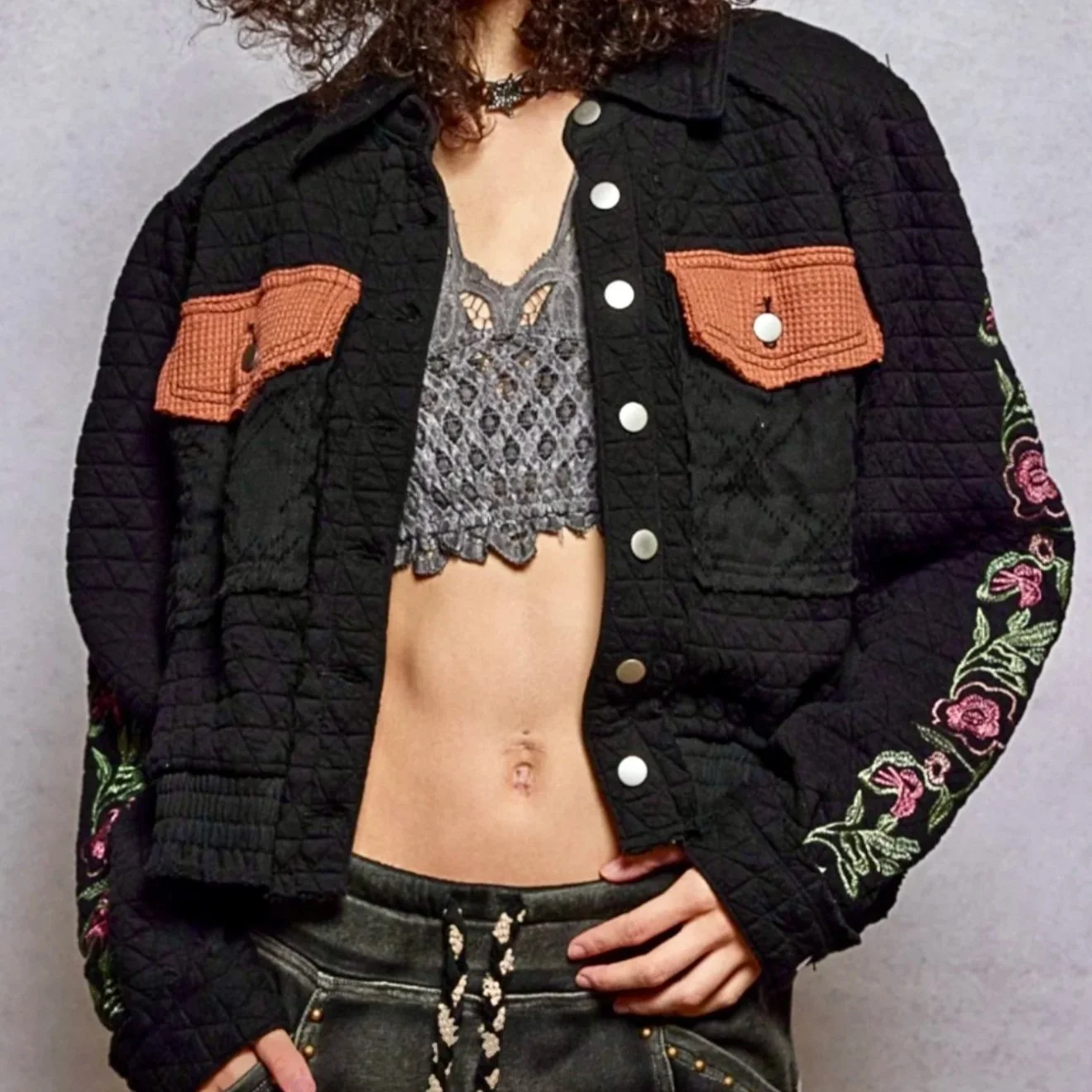 Vintage Washed Embroidered Sleeve Quilted Jacket