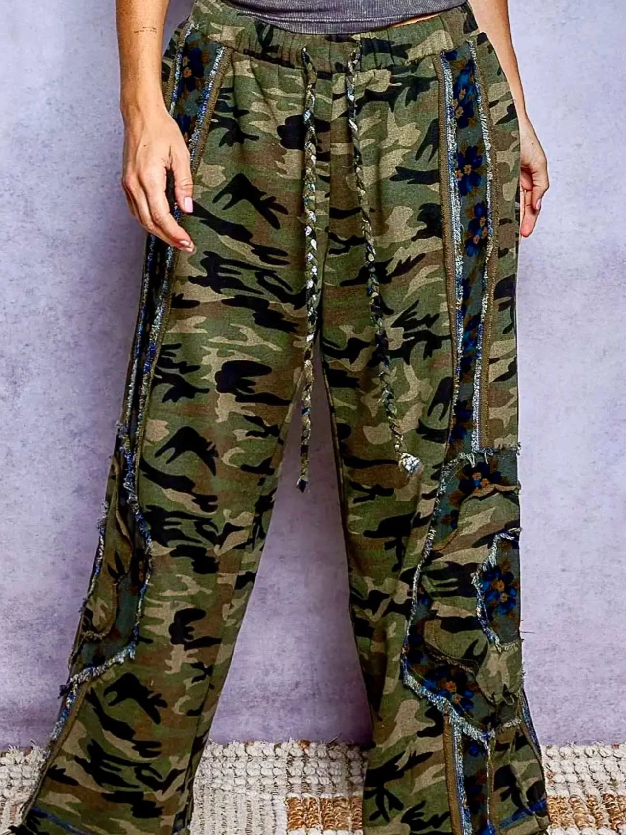 POL - Vintage Camouflage Floral Patchwork Zip Hoodie & Frayed Wide Leg Pants Set