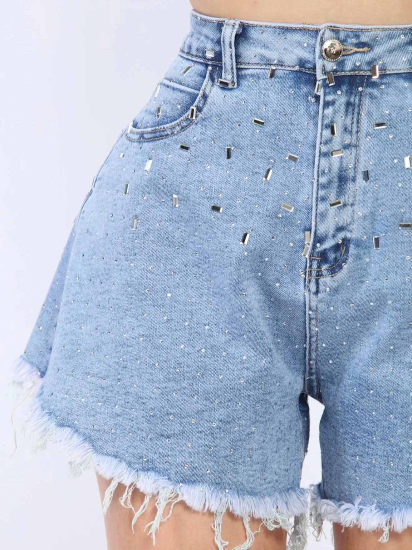 Nina Rossi Jeans - High-Shine Crystal Denim Shorts
