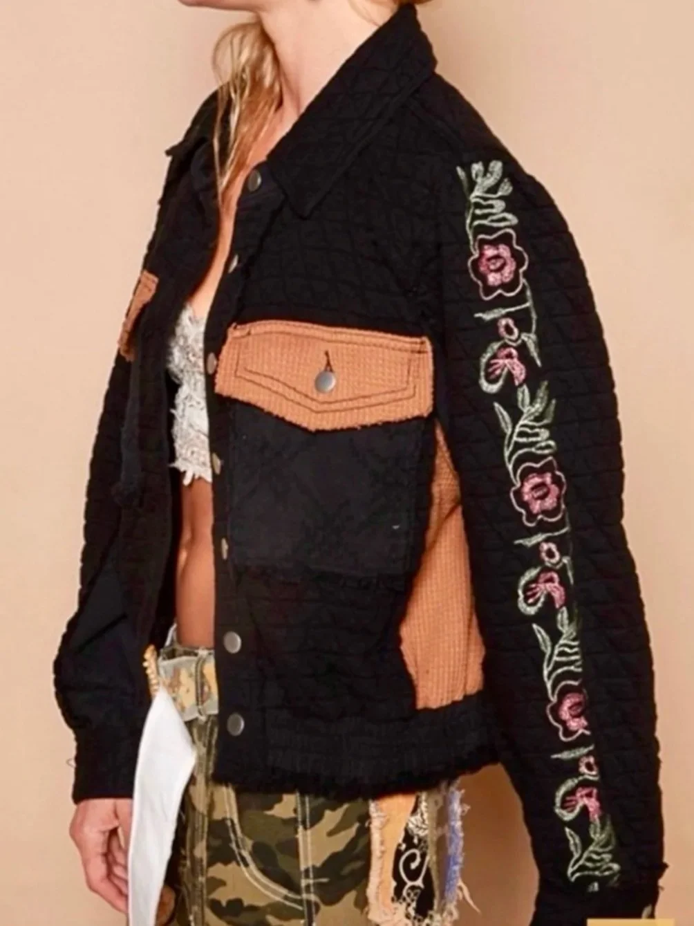 POL - Vintage Washed Embroidered Sleeve Quilted Jacket