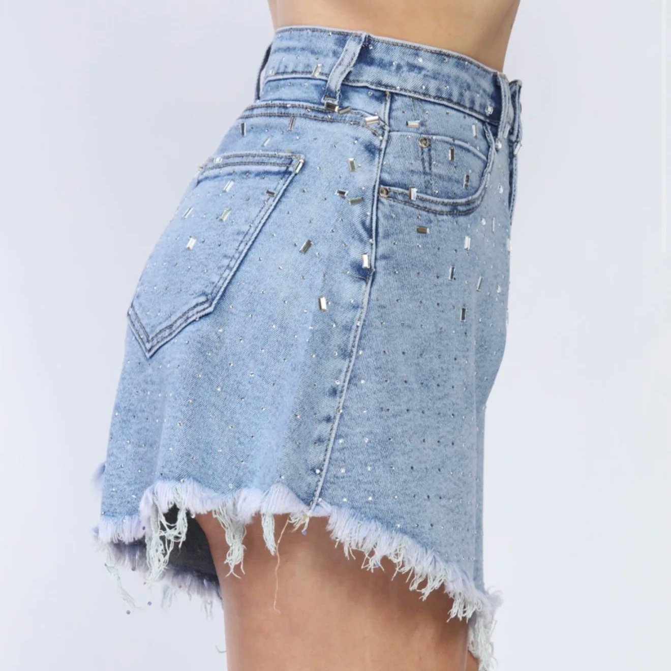 Nina Rossi Jeans - High-Shine Crystal Denim Shorts