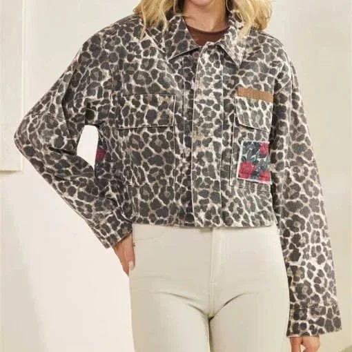 Veveret - Leopard & Rose Denim Jacket With Floral Contrast