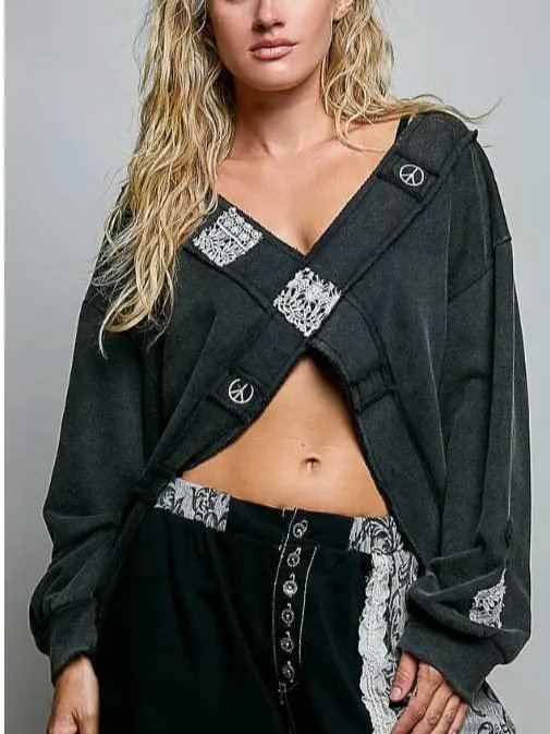 V-Neck Crochet Patch Cross Wrap Cropped Terry Top -  POL
