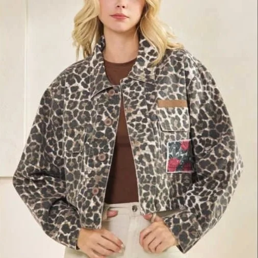 Veveret - Leopard & Rose Denim Jacket With Floral Contrast