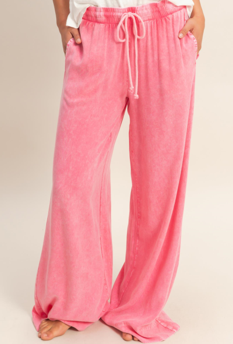 Mineral Wash Drawstring Wide Leg Pants - TAFFY PINK