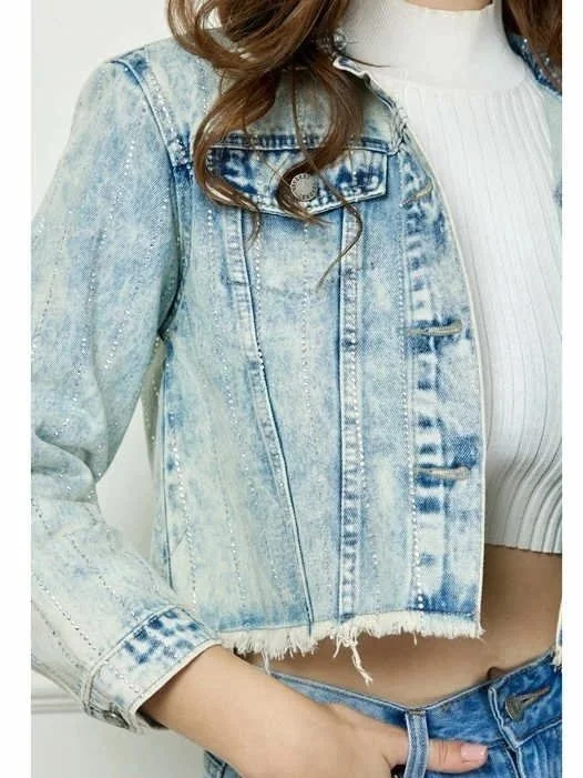 Veveret - Striped Rhinestone Distressed Denim Jacket