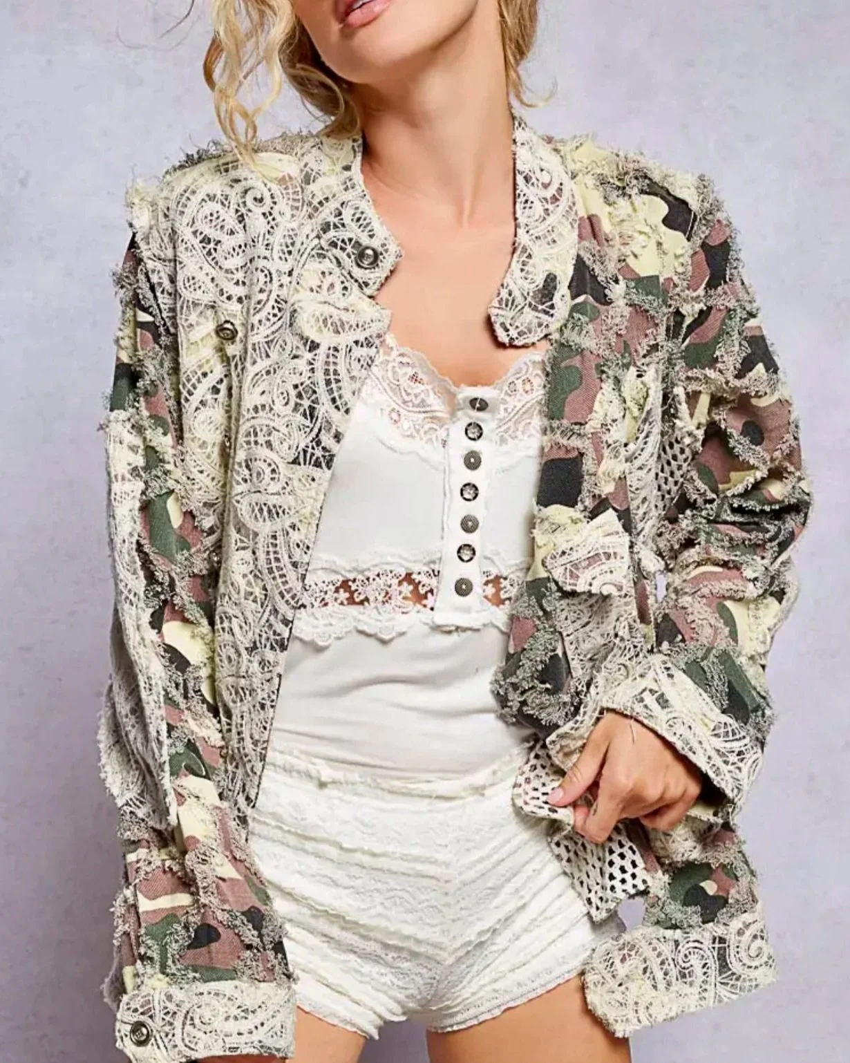 POL - Lace Trimmed Camo Motorcycle Jacket