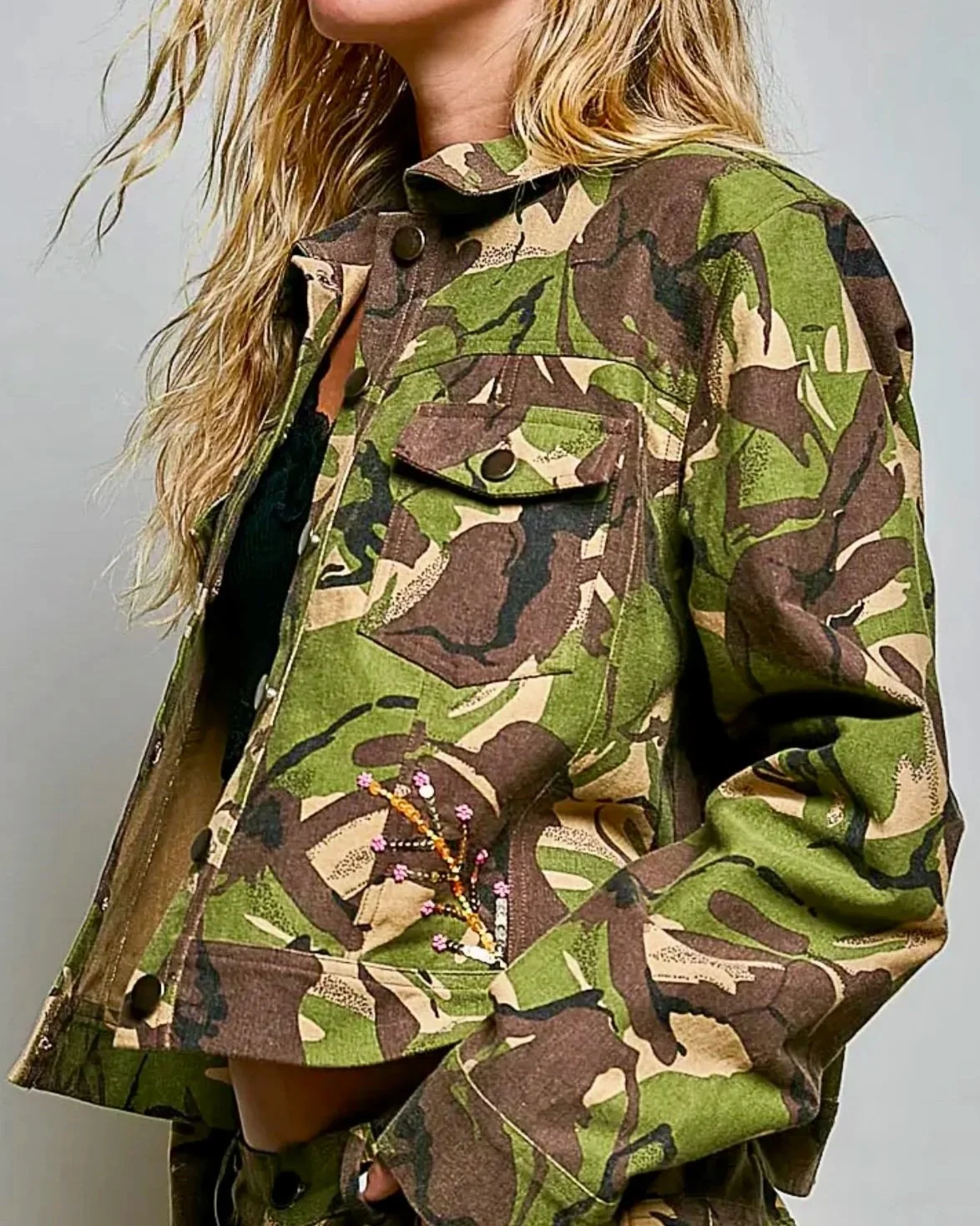 POL Floral Embroidered Woven Twill Jacket & Wide-Leg Pants