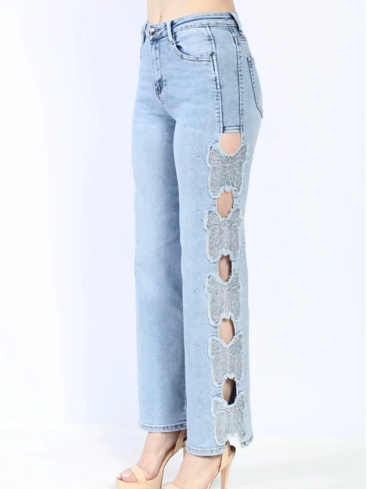 Nina Rossi Jeans - Butterfly Embellished Denim Jeans