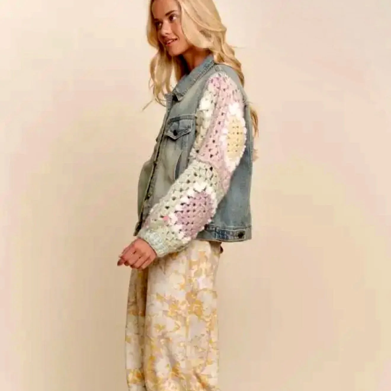 DAVI & DANI - Crochet Granny Square Sleeve Denim Jacket