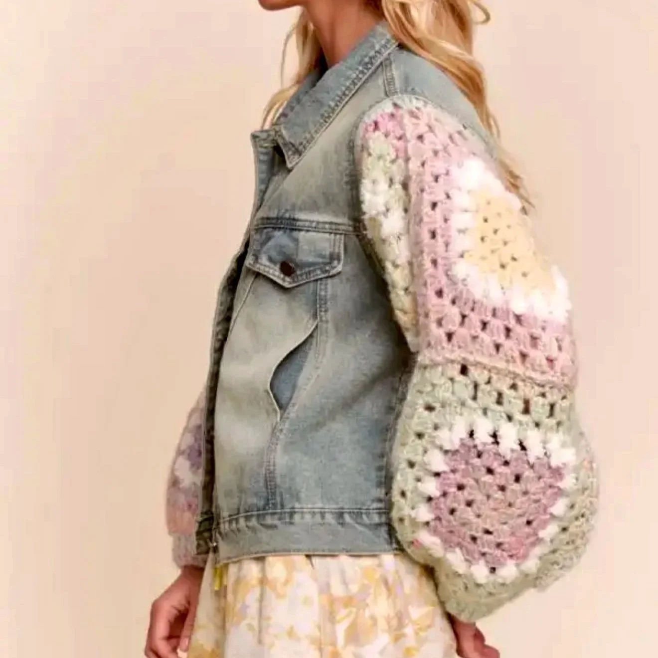DAVI & DANI - Crochet Granny Square Sleeve Denim Jacket