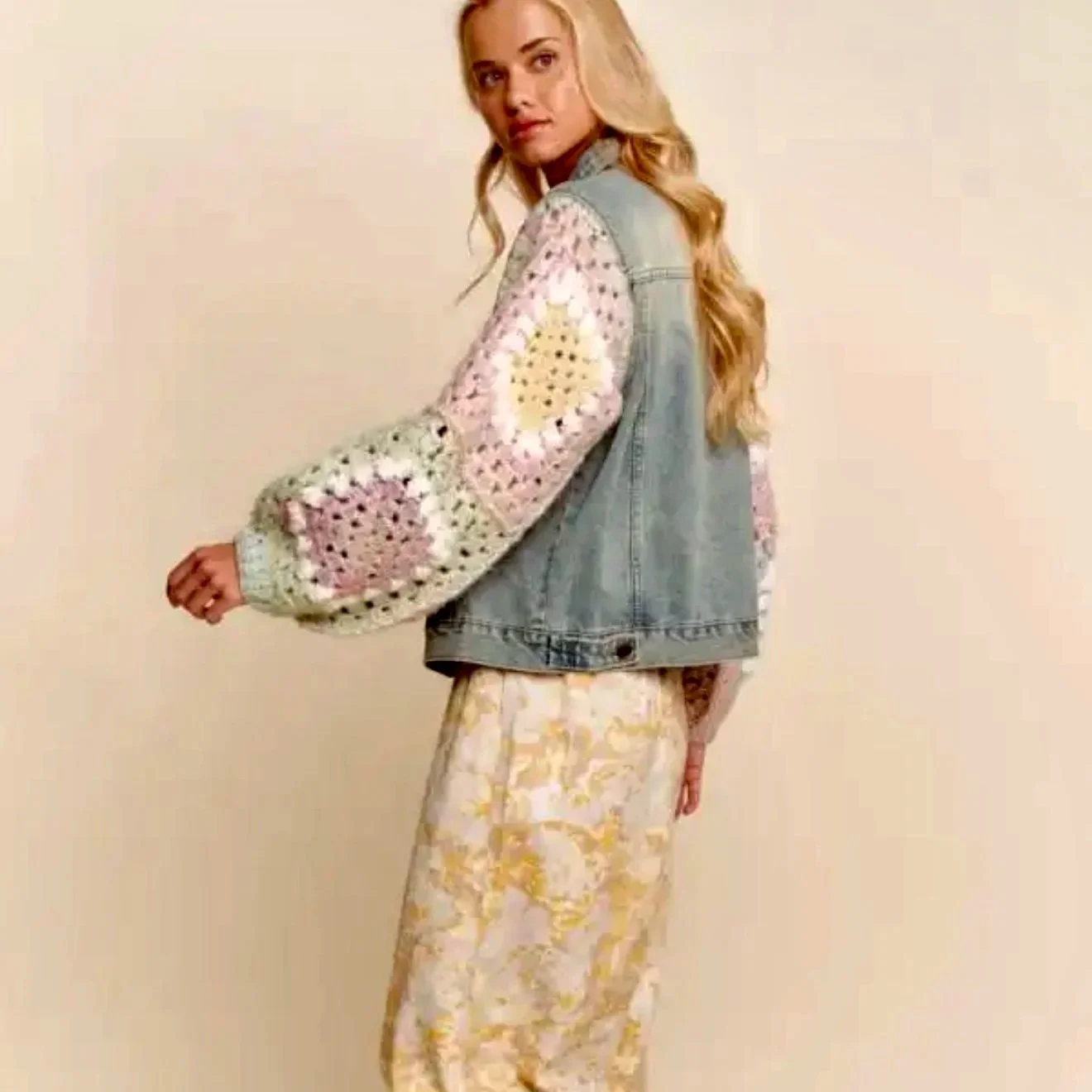 DAVI & DANI - Crochet Granny Square Sleeve Denim Jacket