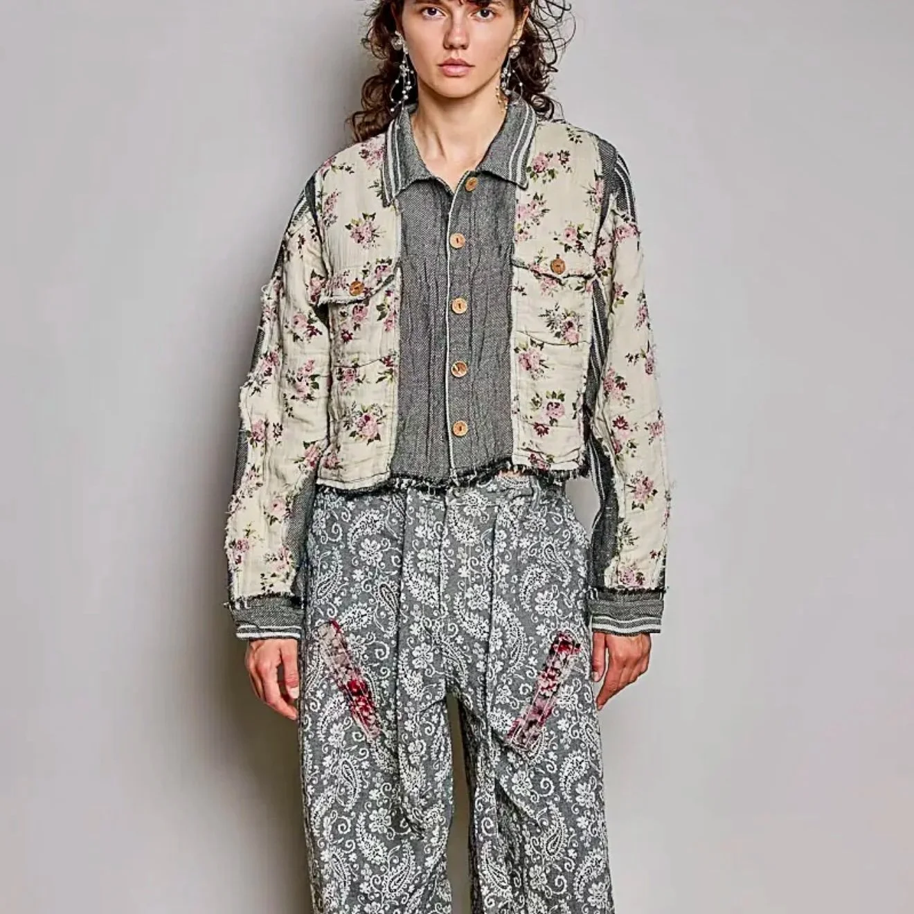 POL - Floral Patchwork Cropped Jacket