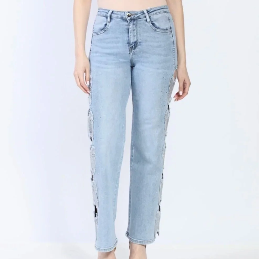 Nina Rossi Jeans - Butterfly Embellished Denim Jeans