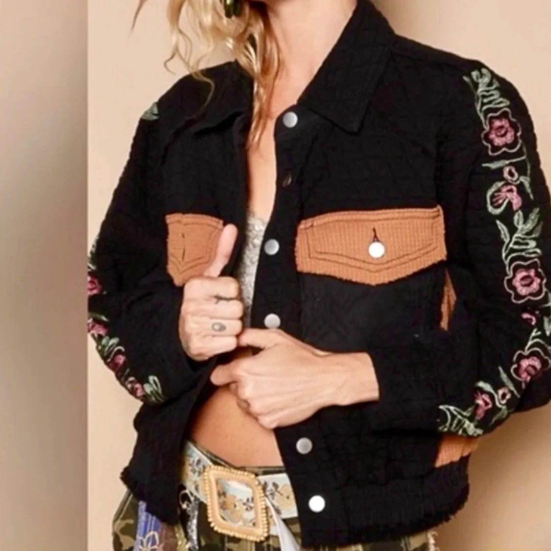 POL - Vintage Washed Embroidered Sleeve Quilted Jacket