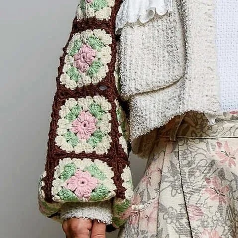 POL- Granny Square Crochet Sleeve Berber Knit Hooded Cardigan