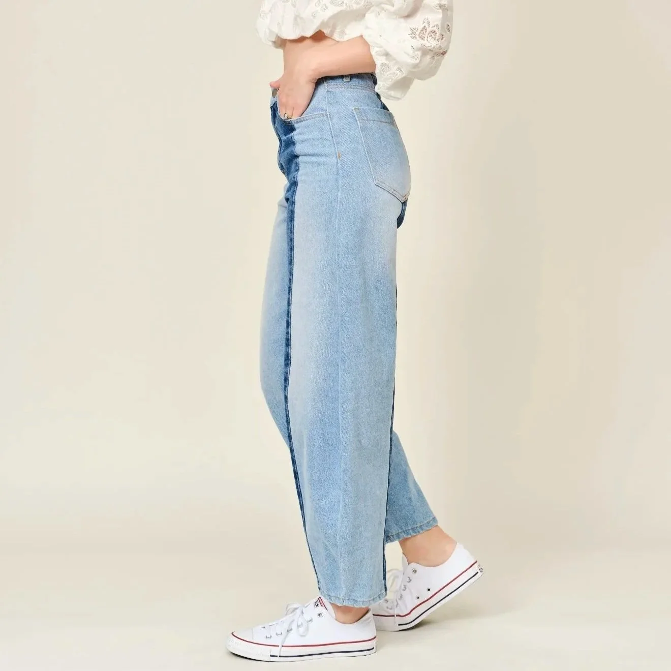 blue b - Contrast Panel Barrel Leg Jeans