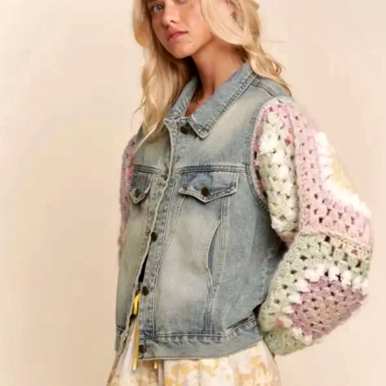 DAVI & DANI - Crochet Granny Square Sleeve Denim Jacket