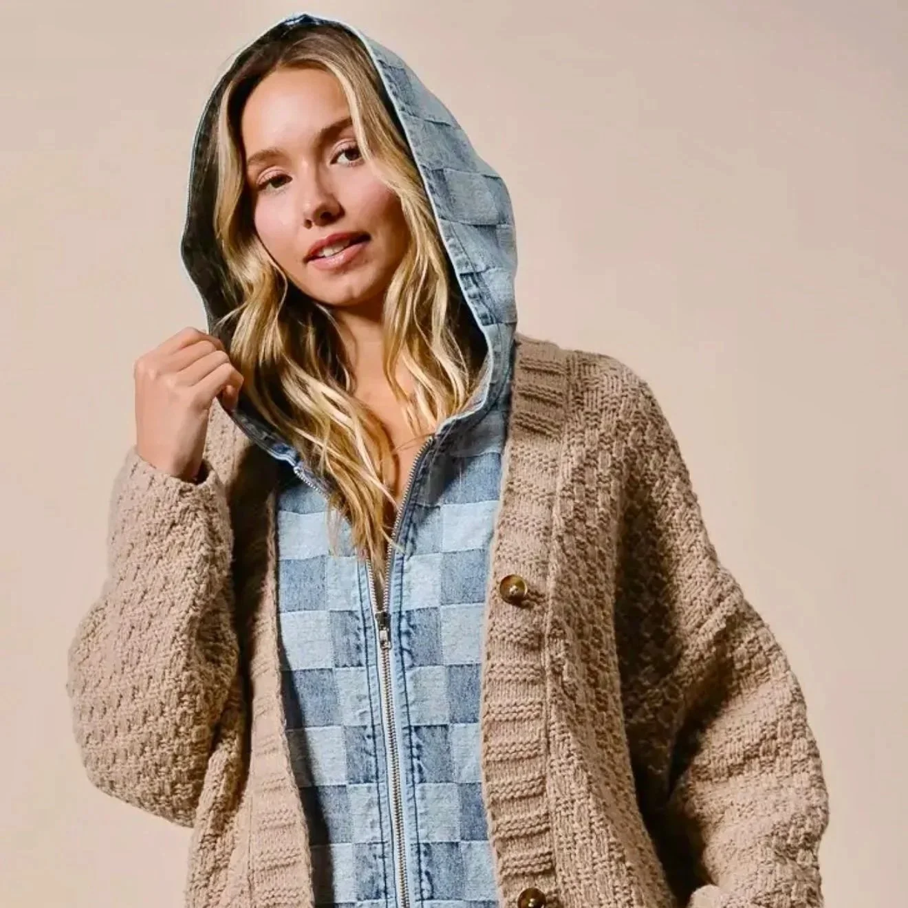 BiBi - Washed Checker Denim Zip Up Cardigan