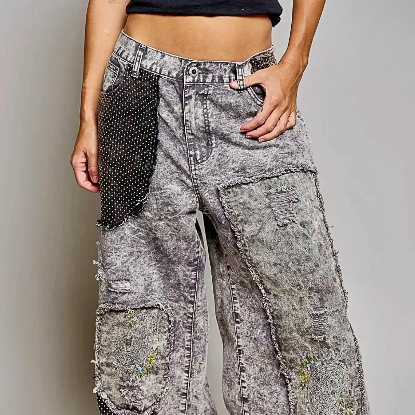 POL - Color Blocked Twill Back Elastic Band High Rise Wide Pants