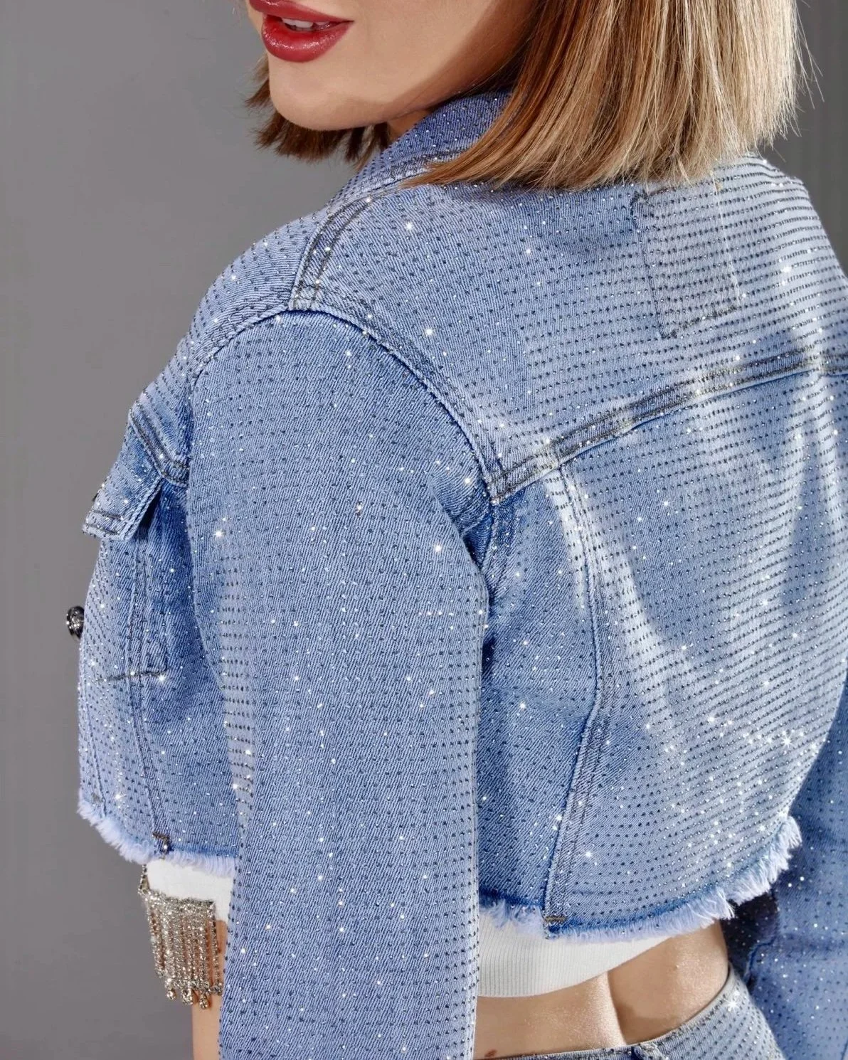 Nina Rossi Jeans -  Light Blue Denim Embellished Crop Jacket