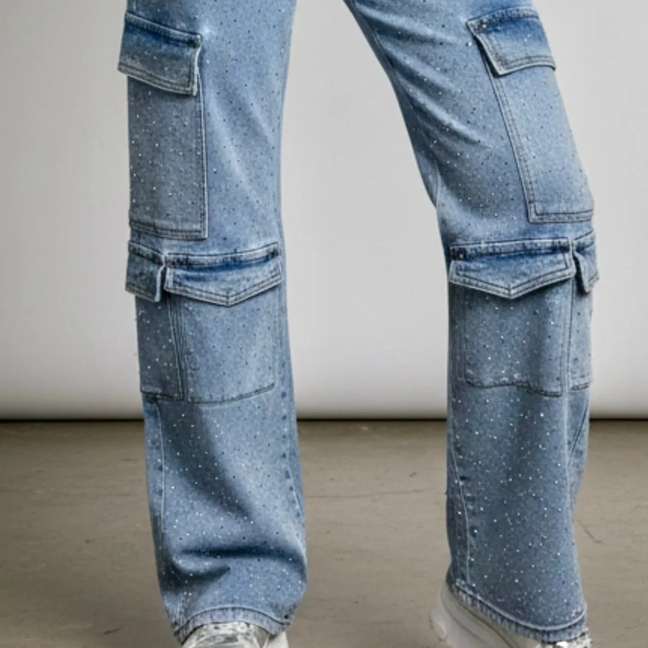 Nina Rossi Jeans - Full Stone Embellished Cargo Denim Pants