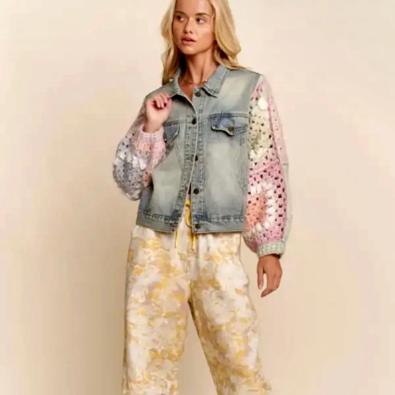 DAVI & DANI - Crochet Granny Square Sleeve Denim Jacket