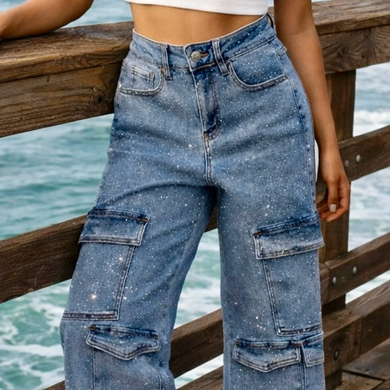 Nina Rossi Jeans - Full Stone Embellished Cargo Denim Pants